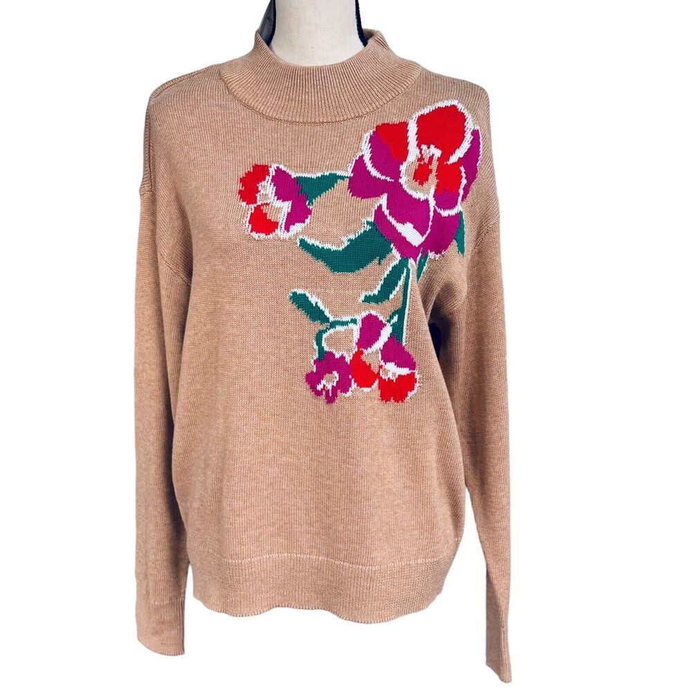 Charter Club Large Sweater Floral Mock Neck Long Sleeves Stretch Tan Multi New